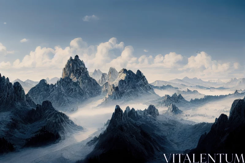 Enchanting Mountain Range in Clouds - Medieval Fantasy Artwork AI Image