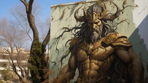 Mythology Inspired Mural on Urban Building AI Image
