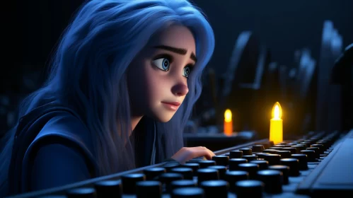 Blue-haired Girl with Candle at Keyboard - Disney Animation Style AI Image