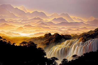 Golden Light Waterfall - Traditional Chinese Landscape