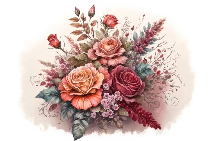Realistic Watercolor Artwork of Colorful Roses and Leaves