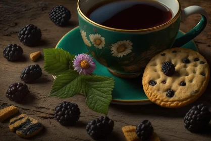 Rustic Still Life with Blackberries, Cookies, and Tea