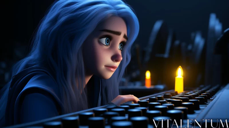 AI ART Blue-haired Girl with Candle at Keyboard - Disney Animation Style