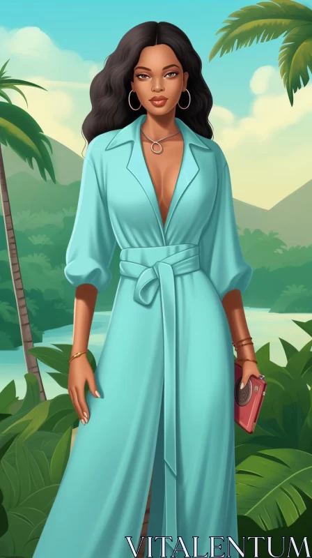 Elegant Woman in Blue Dress Amidst Jungle Scene AI Image