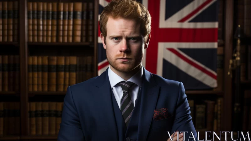 Elegant Studio Portraiture of Man in Library with British Flag AI Image