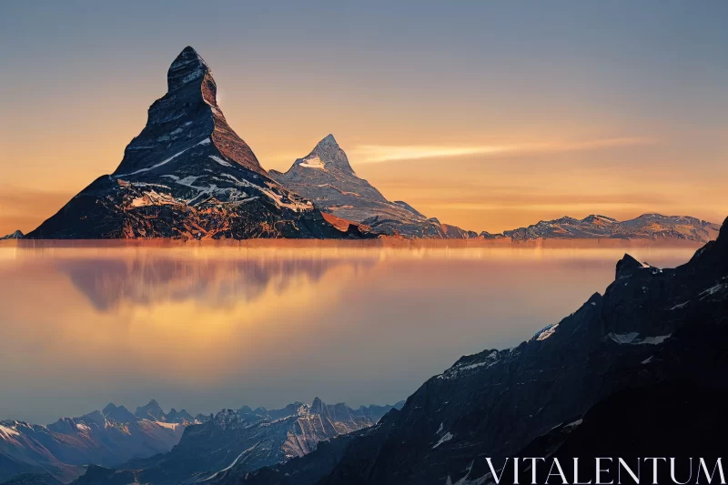 Ethereal Sunrise over Matterhorn - Calm Waters and Smokey Sky AI Image