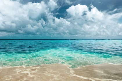 Serene Beach Scene with Turquoise Waters and Cloudy Skies AI Image