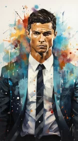 Stylized Comic Art Portrait of Ronaldo in Suit and Tie AI Image