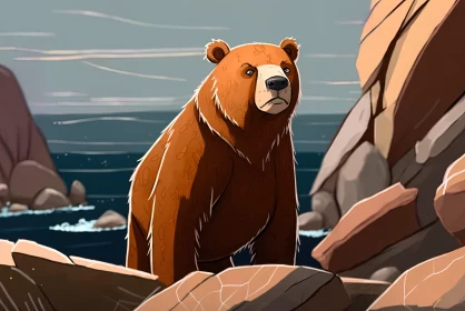 Bear in the Wilderness: A Blend of Realism and Cartoon Art AI Image