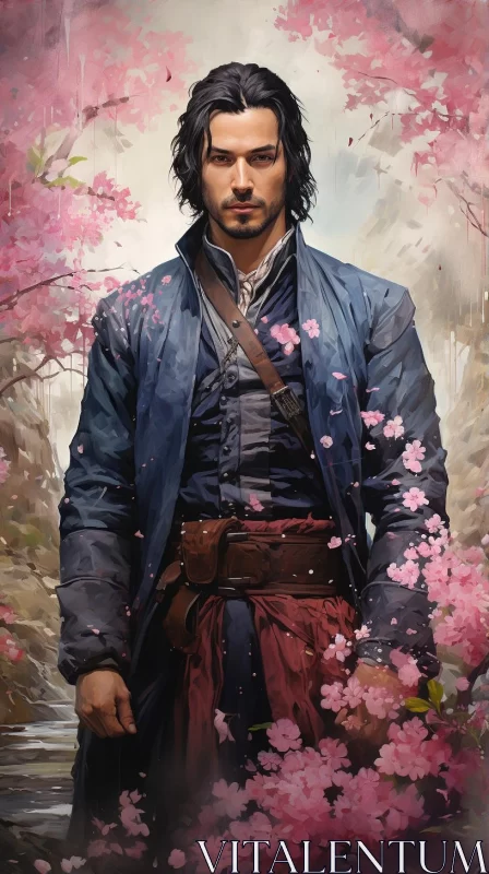 Colorful Man Amidst Cherry Blossoms - A Blend of Realism and Fantasy AI Image