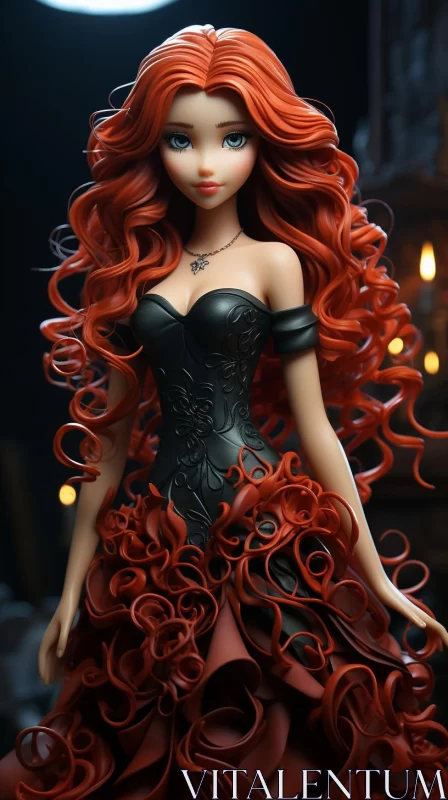 Gothic Style Doll with Red Hair: A Detailed Illustration AI Image