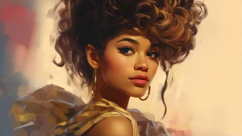 Hip-Hop Inspired Painting of Woman with Gold Jewelry and Huge Hair AI Image
