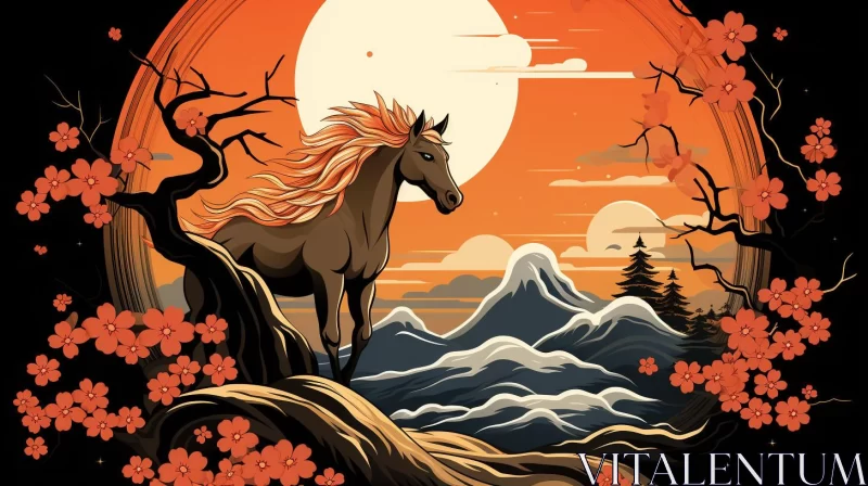 Horse Illustration in Traditional Japanese Style AI Image