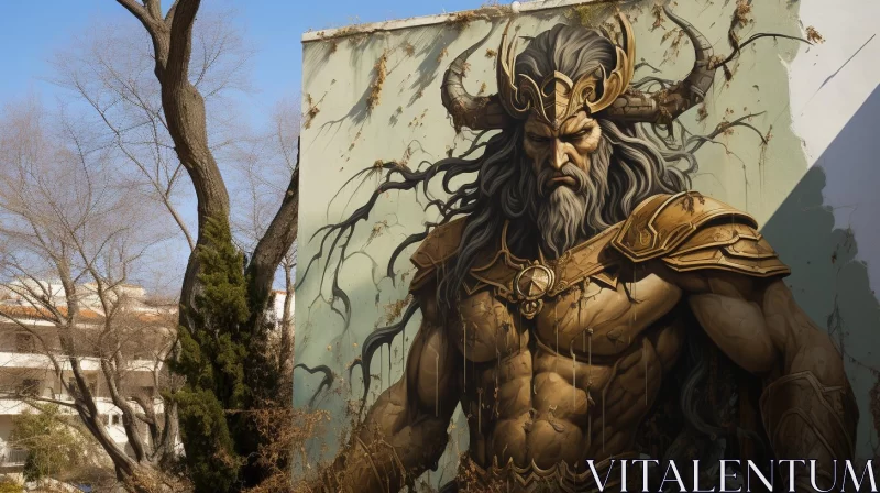 Mythology Inspired Mural on Urban Building AI Image