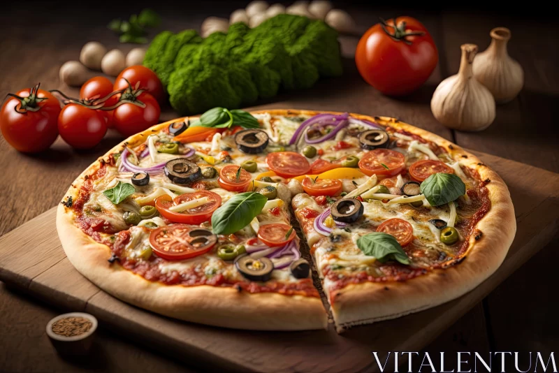 Realistic Rendering of Vegetable Pizza on Wooden Board AI Image