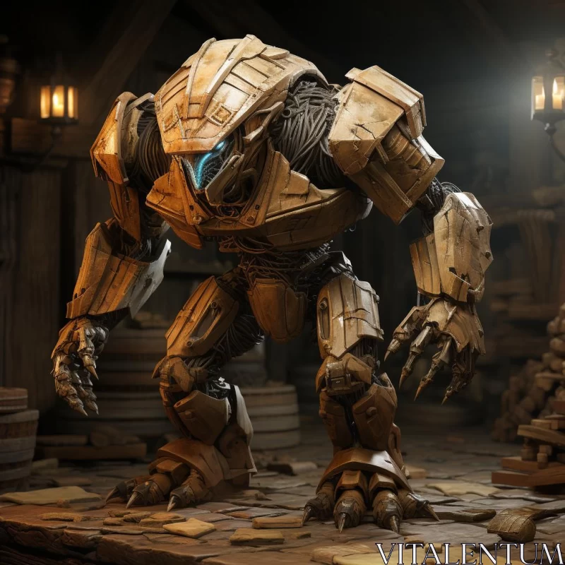 Golden-Lit Wooden Robot: A Portrayal of Epic Proportions AI Image