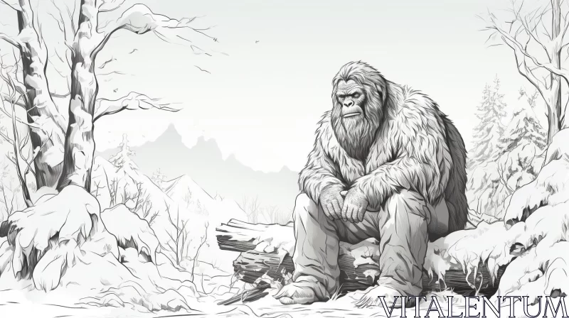 Pensive Sasquatch in Winter Landscape - Manga Inspired Artwork AI Image