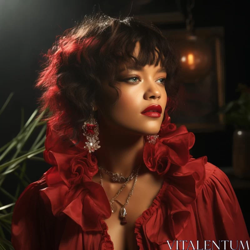 Rihanna in Gothic Romance Red Outfit and Gold Jewelry AI Image