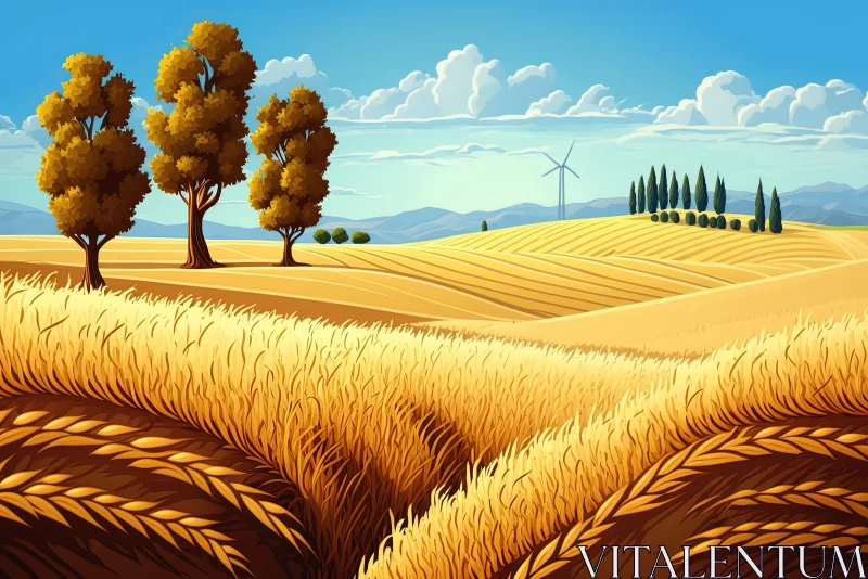 Golden Wheat Field with Windmill - Naturalistic Landscape Illustration AI Image