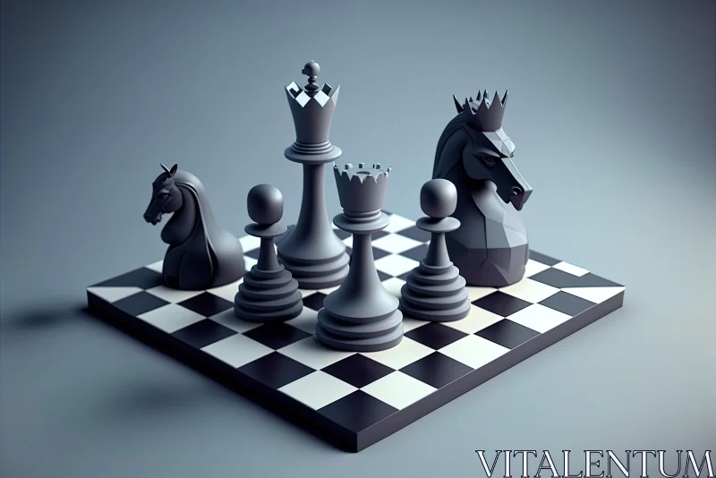 Monochrome Geometric Animal Chess Set in 3D Space AI Image