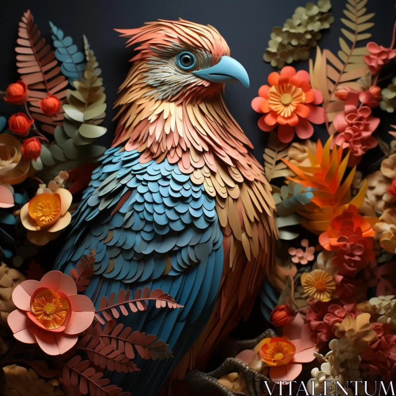 Paper Art Bird Amidst Floral Foliage in Foreboding Colors AI Image