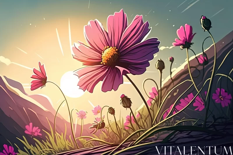 Whimsical Wilderness: Pink Flowers Under the Sky AI Image