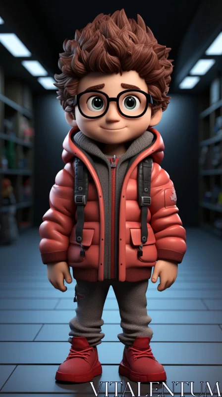 Animated Cartoon Character with Glasses in Red Jacket AI Image