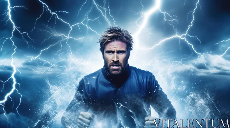 Man in Blue Amidst Storm - A Cinematic Visual Feast AI Image