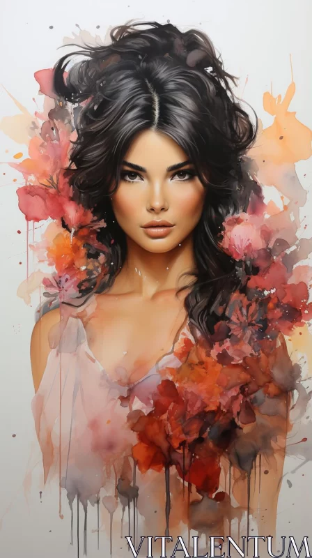 Artistic Watercolor Painting of Woman with Flowers AI Image