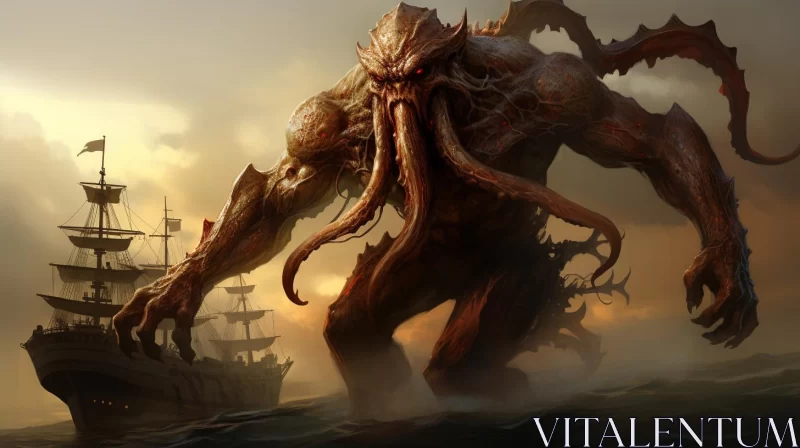 Cthulhu Monster Attacking Ship - Matte Painting Illustration AI Image