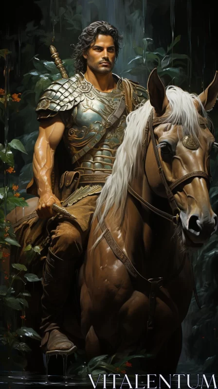 AI ART Heroic Man on Horseback Amidst Jungle - Ancient Inspired Art