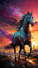 Psychedelic Artwork of a Horse Running at Sunset