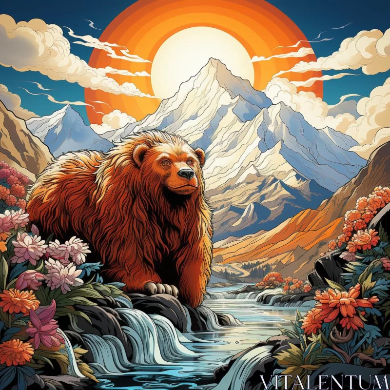 Bear by a Lake with Waterfall and Flowers: A Mountainous Vista AI Image