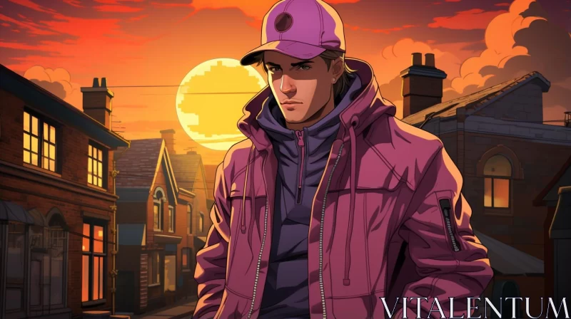 Cartoon of Man in Colorful Jacket at Sunset in City AI Image