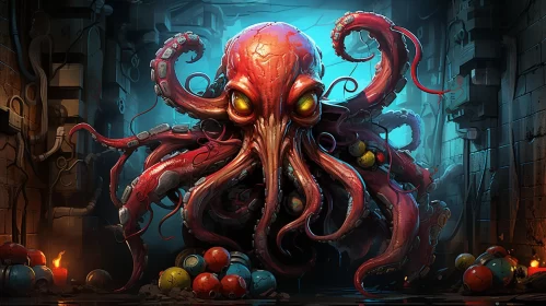 Mysterious Octopus: A Digital Painting in Crimson and Blue AI Image