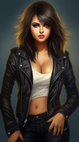 Selena Gomez Cartoon Realism Art in Leather Jacket AI Image