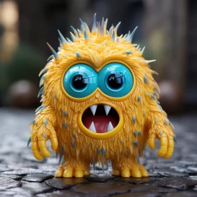 Yellow Toy Monster with Blue Eyes in Urban Setting AI Image