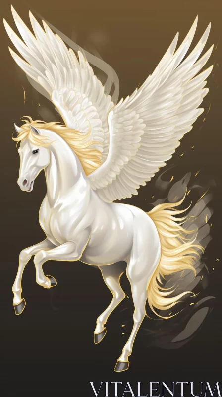 Majestic White Horse with Wings in Gold Tones Illustration AI Image