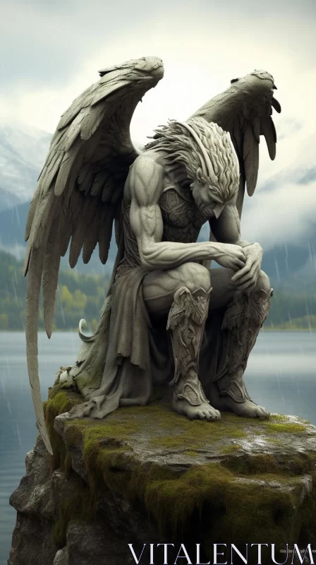 Mourning Angel Statue amidst Norwegian Nature AI Image
