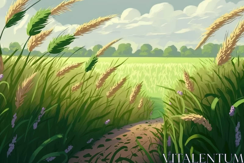 Spring Wheat Fields: A Cartoon Realism Illustration AI Image