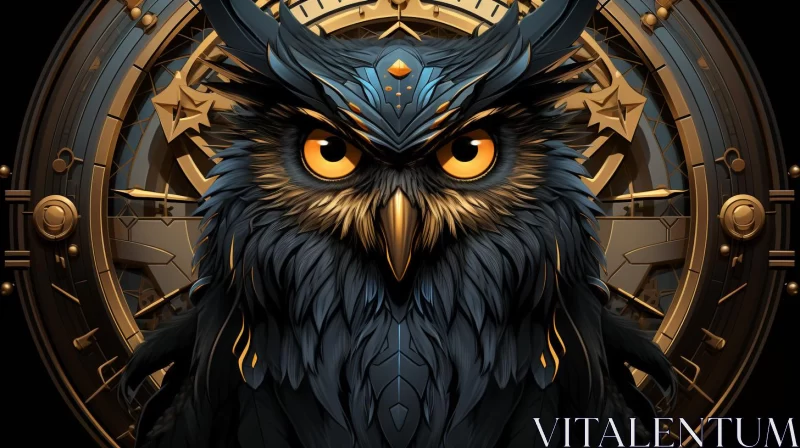 Black and Gold Owl Illustration in Clockpunk Style AI Image