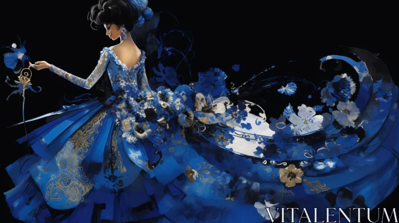 AI ART Elegant Woman in Blue Floral Gown: A Tribute to Baroque and Rococo Art