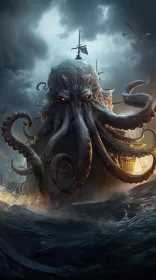 Epic Octopus Emergence - A Dark Nautical Scene AI Image
