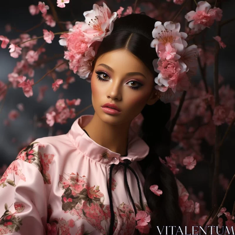 Asian Model Amidst Cherry Blossoms - A Multicultural Pastiche AI Image