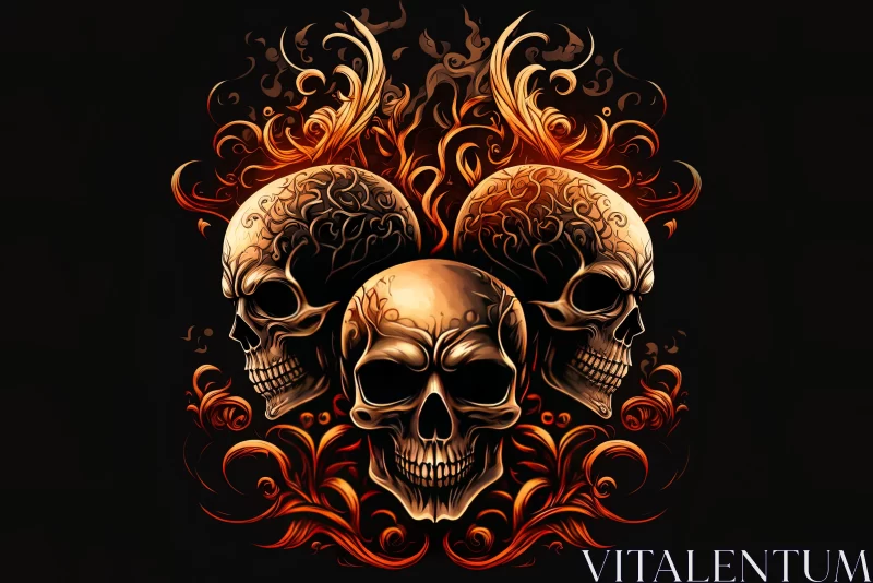 Fiery Skulls on Black Background: A Fantasy Realism Art AI Image