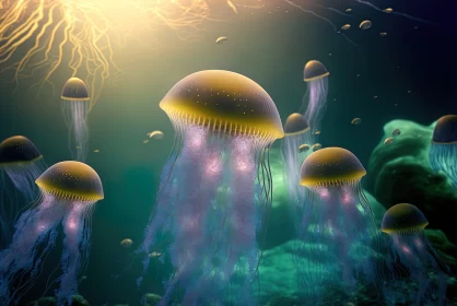 Jellyfish Swimming in Light-Filled Ocean - Solarpunk Style AI Image