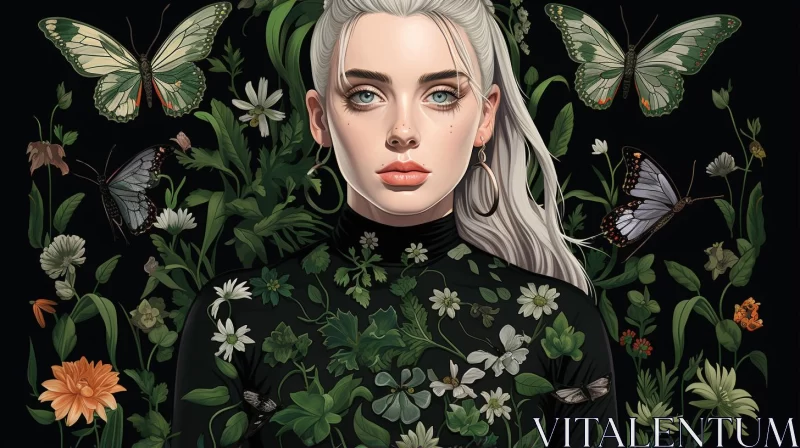 Nature-Inspired Illustration of a Girl Amidst Flowers and Butterflies AI Image