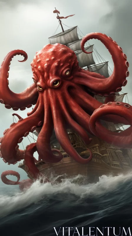 Octopus Ship: A Nautical Tale in Red AI Image