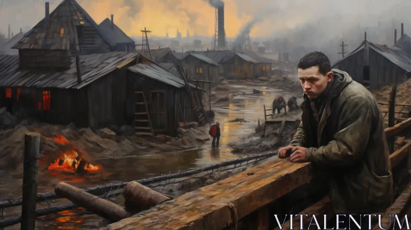 Apocalyptic Painting: Man and Bridge in Industrial Town AI Image
