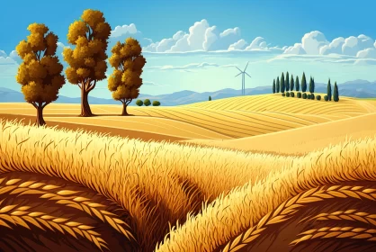 Golden Wheat Field with Windmill - Naturalistic Landscape Illustration